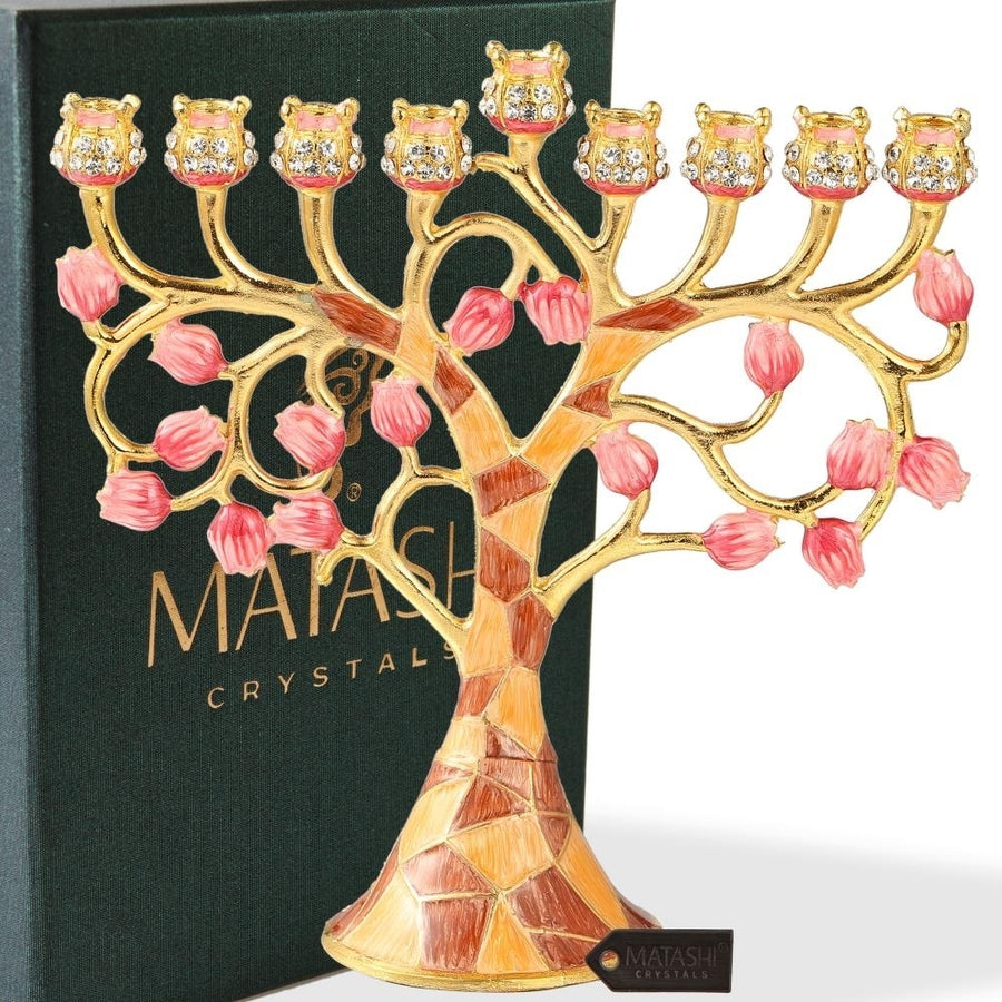 Matashi Hand Painted Enamel Menorah Candelabra w/ Intertwining Pomegranate Design w/ Gold Accents and Crystals Jewish Image 1