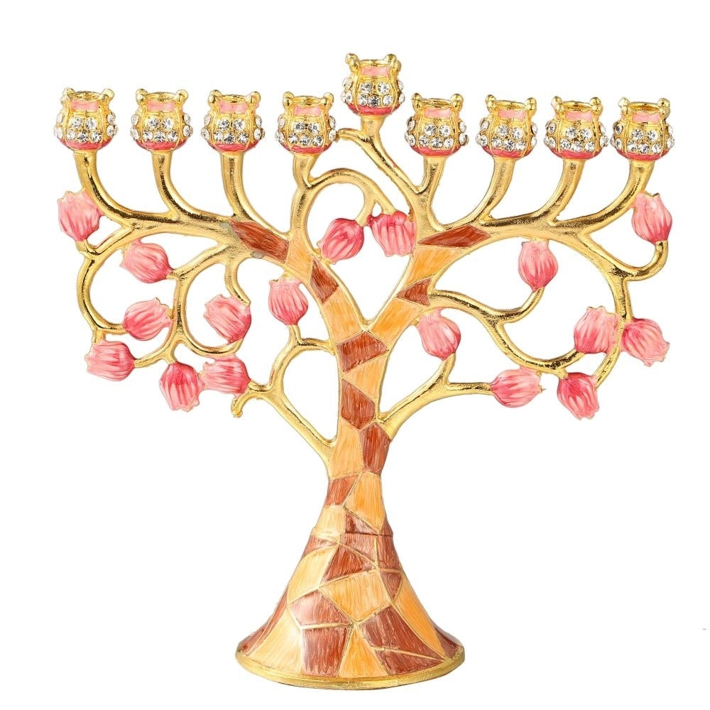 Matashi Hand Painted Enamel Menorah Candelabra w/ Intertwining Pomegranate Design w/ Gold Accents and Crystals Jewish Image 2