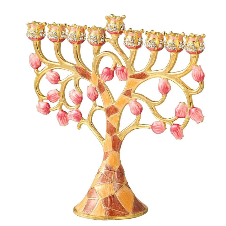 Matashi Hand Painted Enamel Menorah Candelabra w/ Intertwining Pomegranate Design w/ Gold Accents and Crystals Jewish Image 3