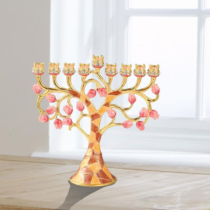 Matashi Hand Painted Enamel Menorah Candelabra w/ Intertwining Pomegranate Design w/ Gold Accents and Crystals Jewish Image 4