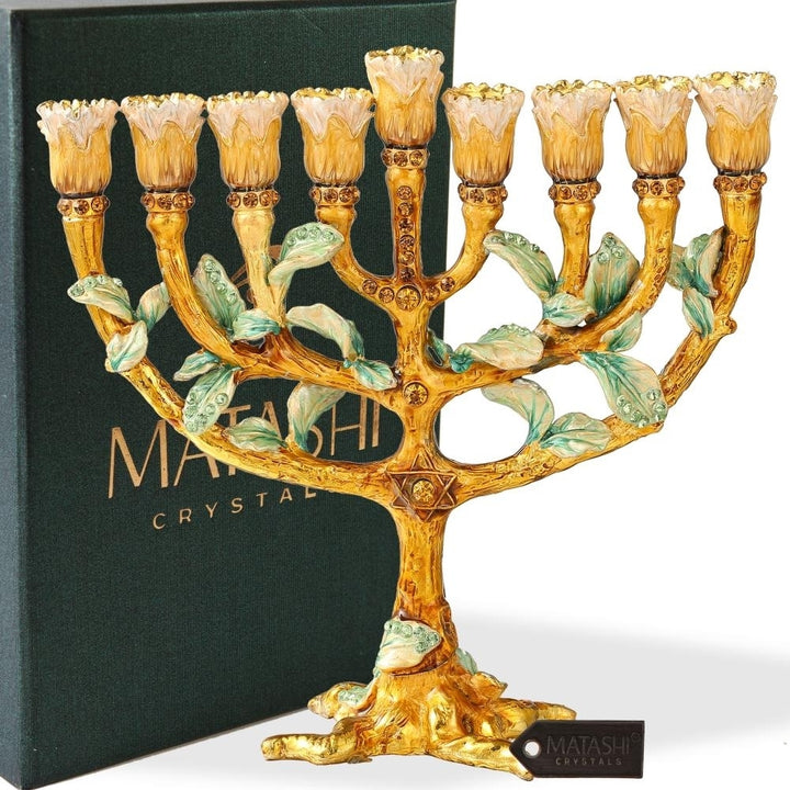 Matashi Hand Painted Enamel Menorah Candelabra w/ Tree and Flower Buds Design w/ Gold Accents and Crystals Jewish Image 1