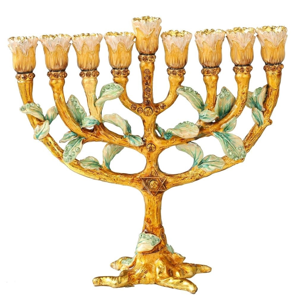 Matashi Hand Painted Enamel Menorah Candelabra w/ Tree and Flower Buds Design w/ Gold Accents and Crystals Jewish Image 2