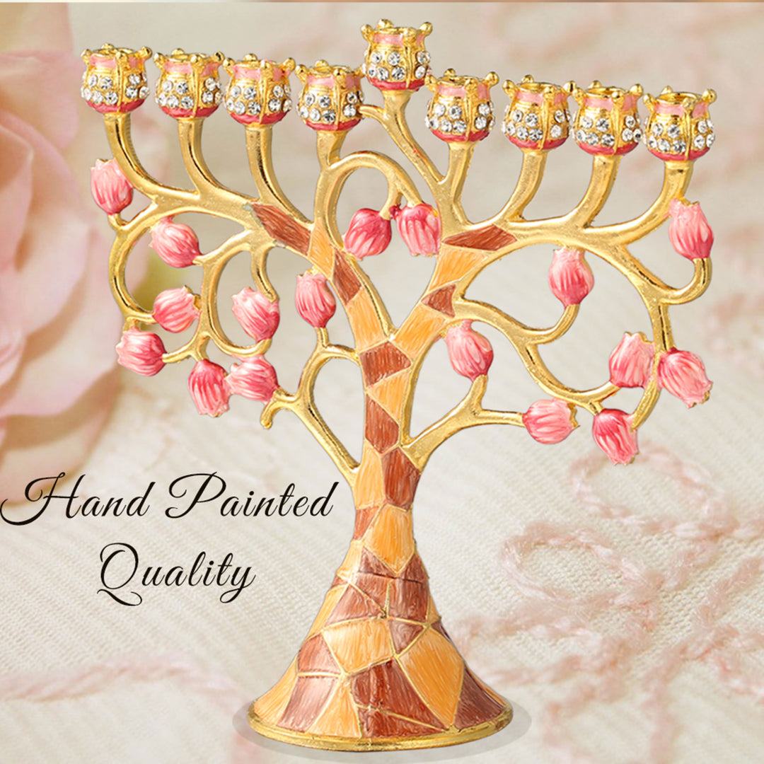 Matashi Hand Painted Enamel Menorah Candelabra w/ Intertwining Pomegranate Design w/ Gold Accents and Crystals Jewish Image 7