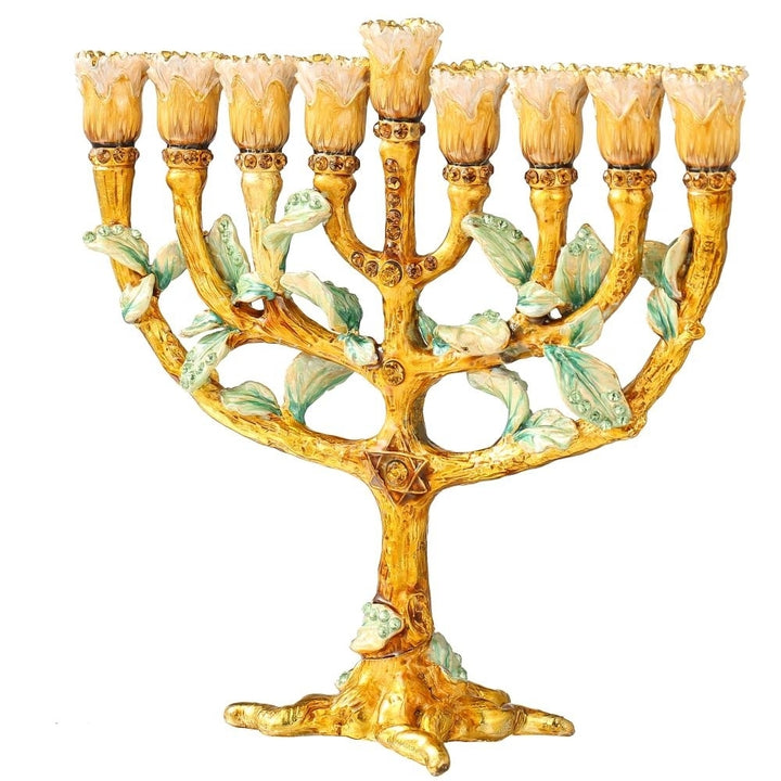 Matashi Hand Painted Enamel Menorah Candelabra w/ Tree and Flower Buds Design w/ Gold Accents and Crystals Jewish Image 3