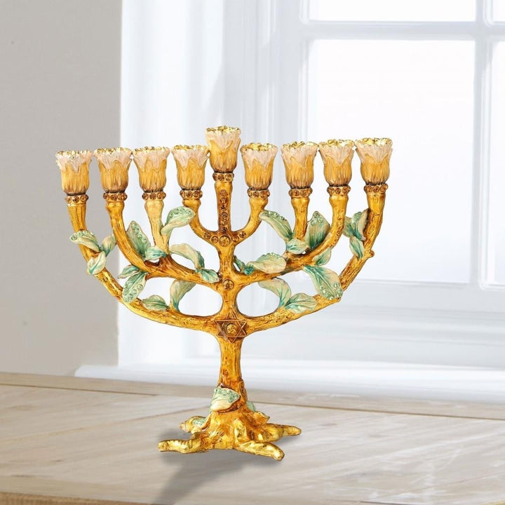 Matashi Hand Painted Enamel Menorah Candelabra w/ Tree and Flower Buds Design w/ Gold Accents and Crystals Jewish Image 4