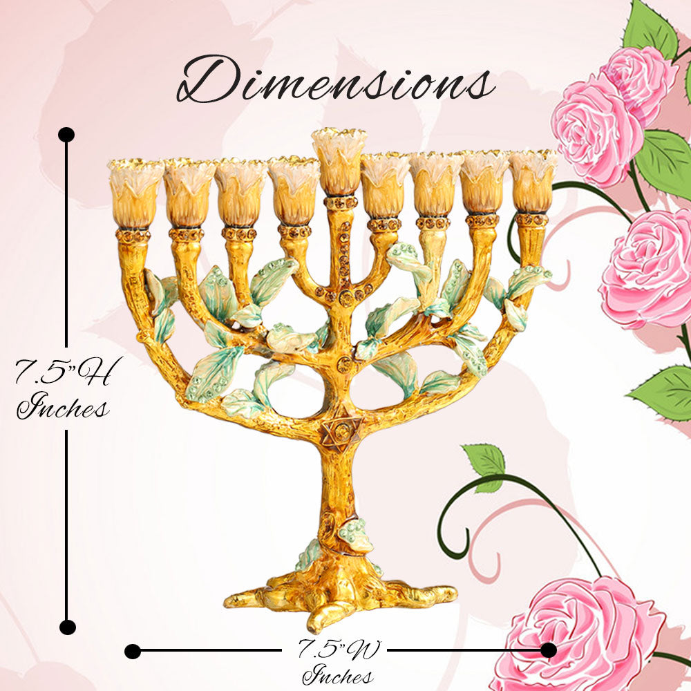 Matashi Hand Painted Enamel Menorah Candelabra w/ Tree and Flower Buds Design w/ Gold Accents and Crystals Jewish Image 5