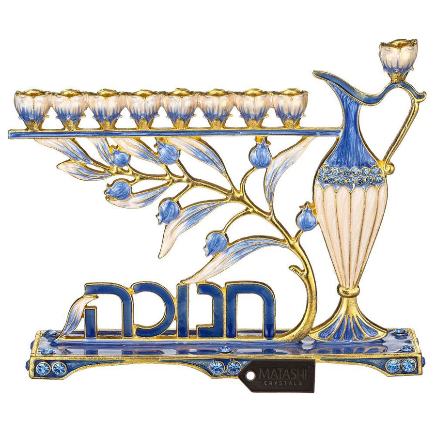 Matashi Hand Painted Blue Enamel Menorah Candelabra w/ Hebrew Hanukkah Design w/ Gold Accents and Crystals Jewish Image 1