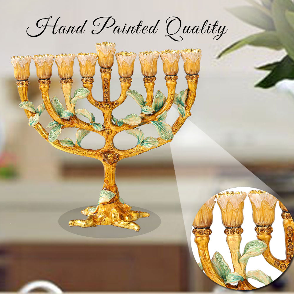 Matashi Hand Painted Enamel Menorah Candelabra w/ Tree and Flower Buds Design w/ Gold Accents and Crystals Jewish Image 6