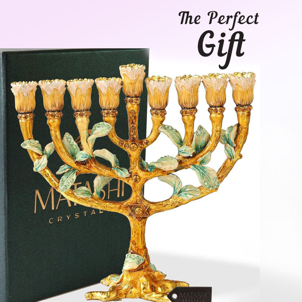 Matashi Hand Painted Enamel Menorah Candelabra w/ Tree and Flower Buds Design w/ Gold Accents and Crystals Jewish Image 7