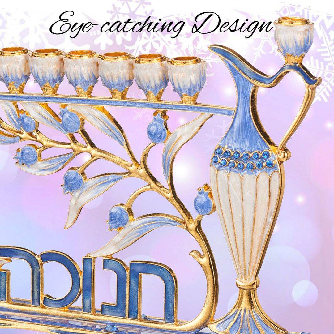 Matashi Hand Painted Blue Enamel Menorah Candelabra w/ Hebrew Hanukkah Design w/ Gold Accents and Crystals Jewish Image 2