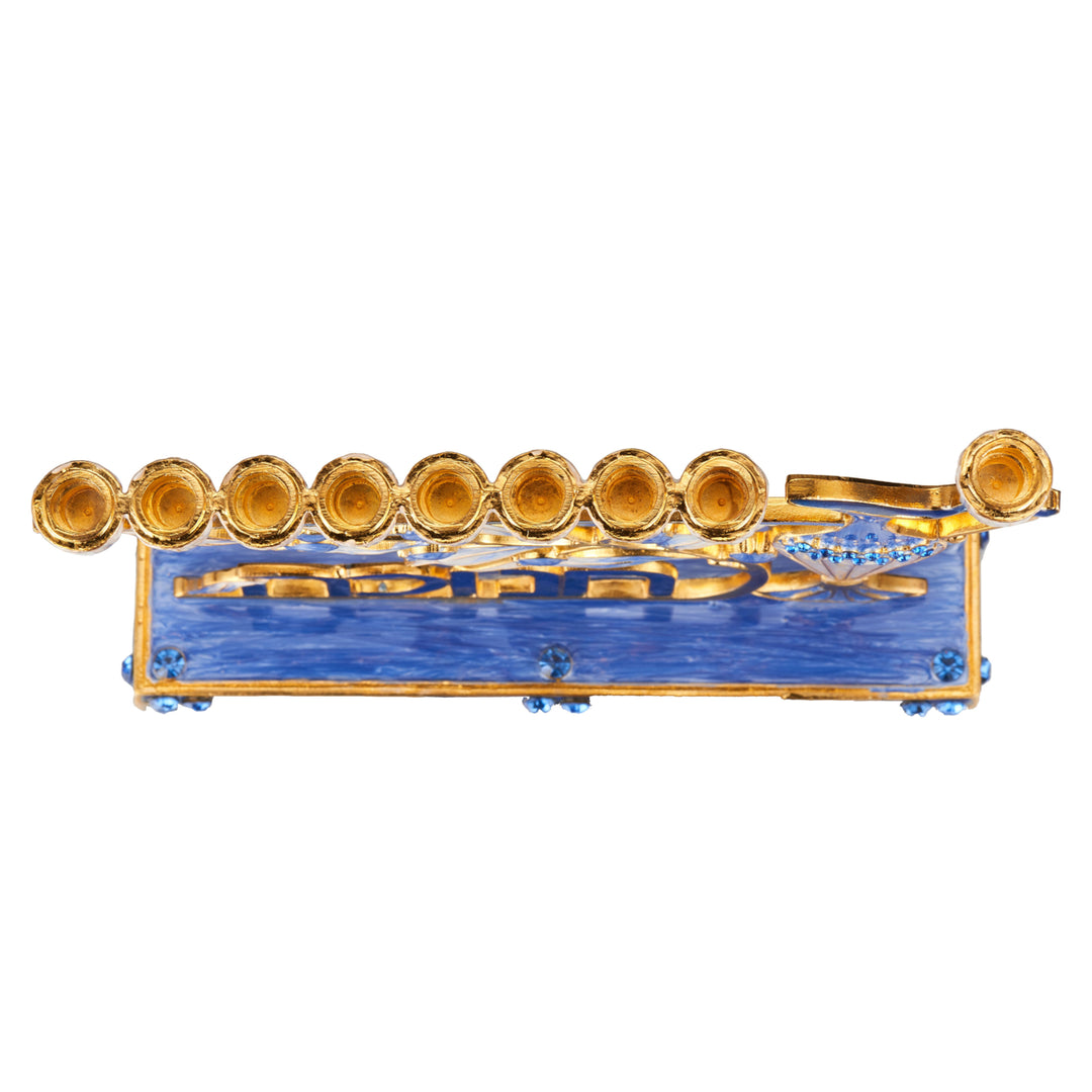 Matashi Hand Painted Blue Enamel Menorah Candelabra w/ Hebrew Hanukkah Design w/ Gold Accents and Crystals Jewish Image 3