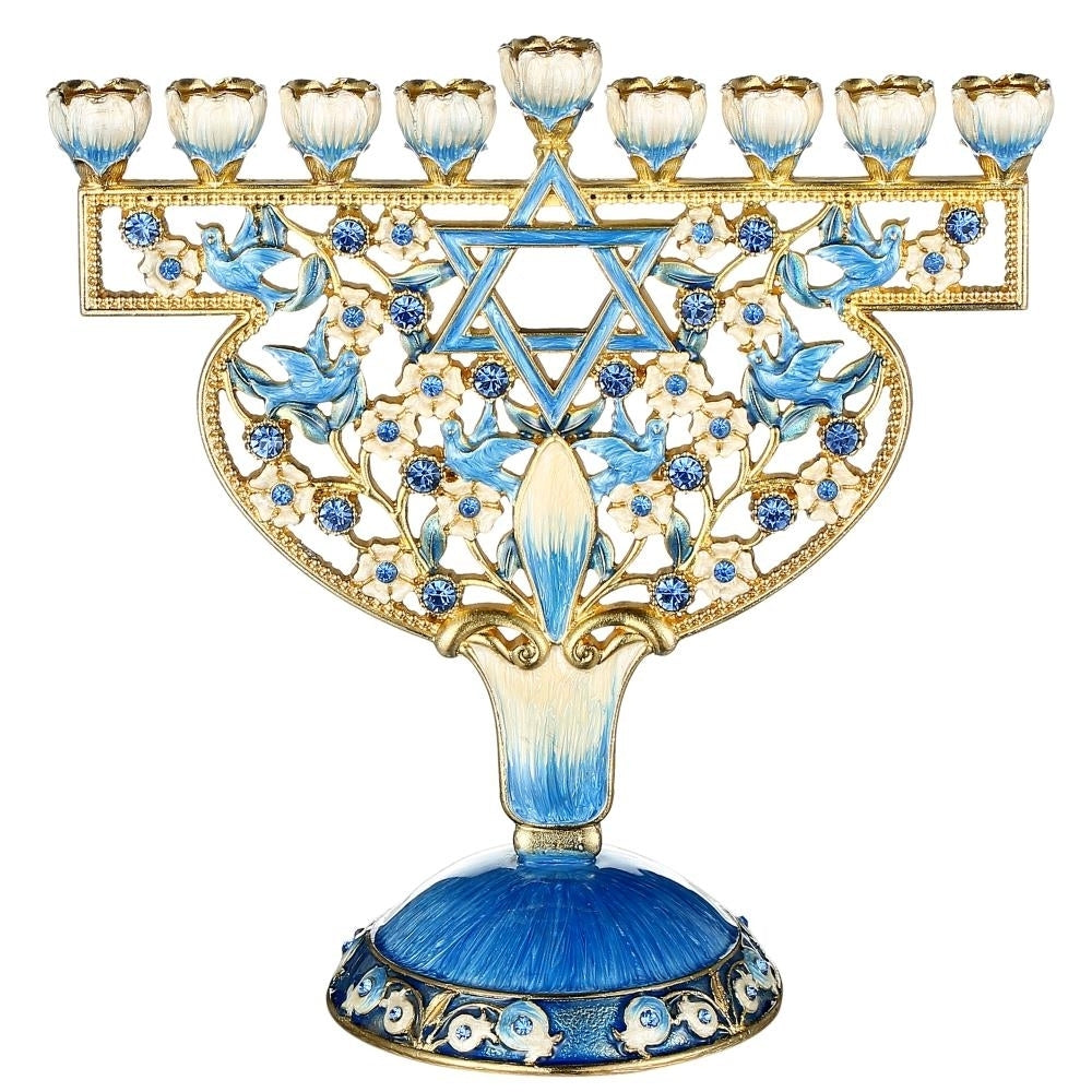 Matashi Hand Painted Enamel Menorah Candelabra with Doves and Flowers Design w/ Gold Accents and Crystals Jewish Image 2