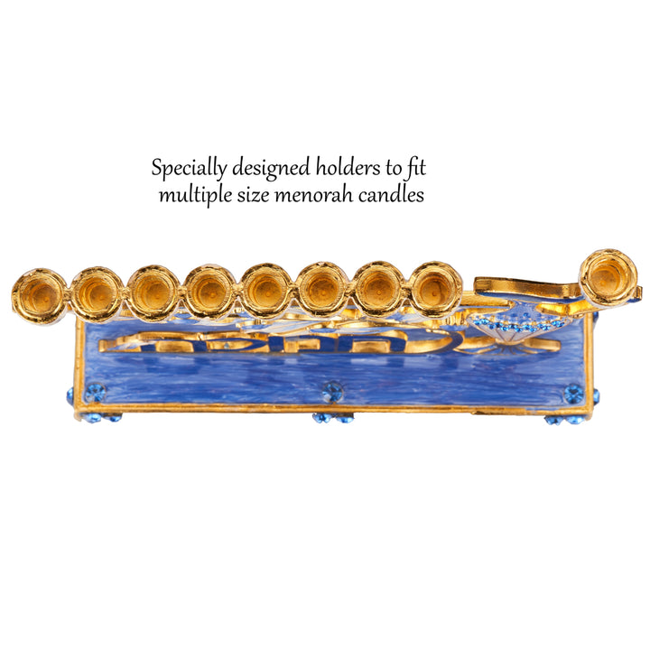 Matashi Hand Painted Blue Enamel Menorah Candelabra w/ Hebrew Hanukkah Design w/ Gold Accents and Crystals Jewish Image 4