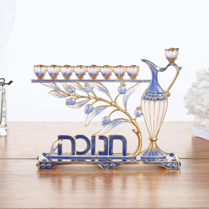 Matashi Hand Painted Blue Enamel Menorah Candelabra w/ Hebrew Hanukkah Design w/ Gold Accents and Crystals Jewish Image 6