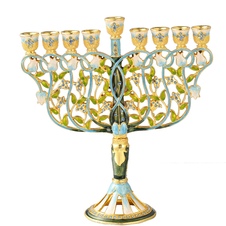 Matashi Tall Hand Painted Enamel Menorah Candelabra w Intertwining Flowers Design Gold Accents and Crystals Jewish Image 5