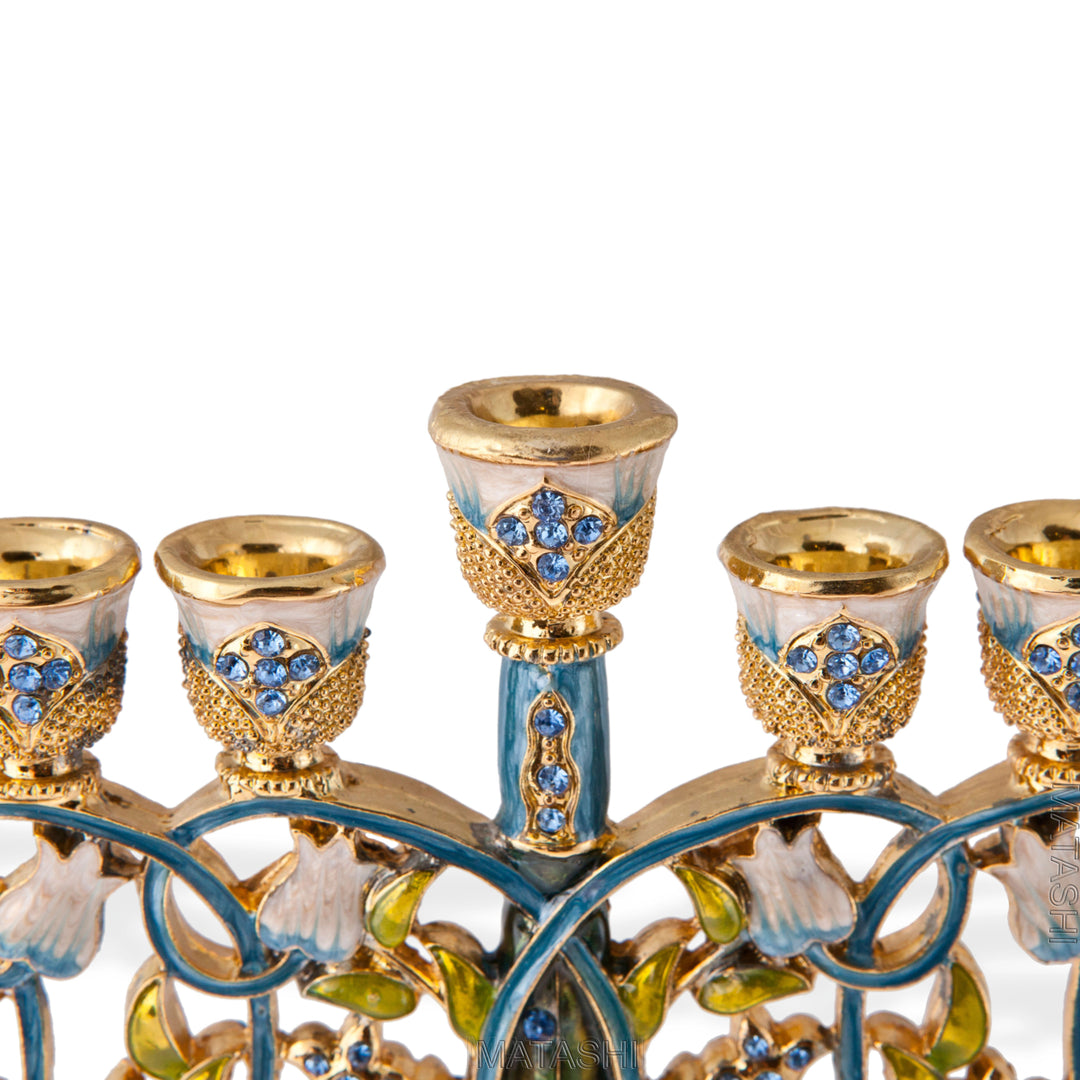 Matashi Tall Hand Painted Enamel Menorah Candelabra w Intertwining Flowers Design Gold Accents and Crystals Jewish Image 7