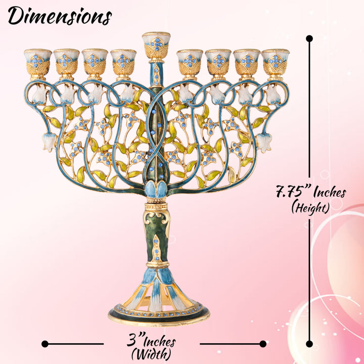 Matashi Tall Hand Painted Enamel Menorah Candelabra w Intertwining Flowers Design Gold Accents and Crystals Jewish Image 8