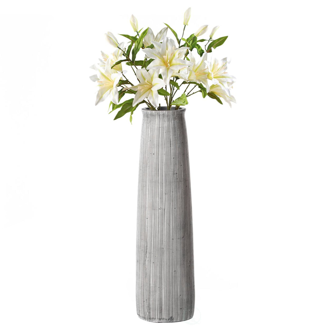 Grey Striped Round Decorative Flower Vase Polyresin 12in 9in Modern Centerpiece Image 1