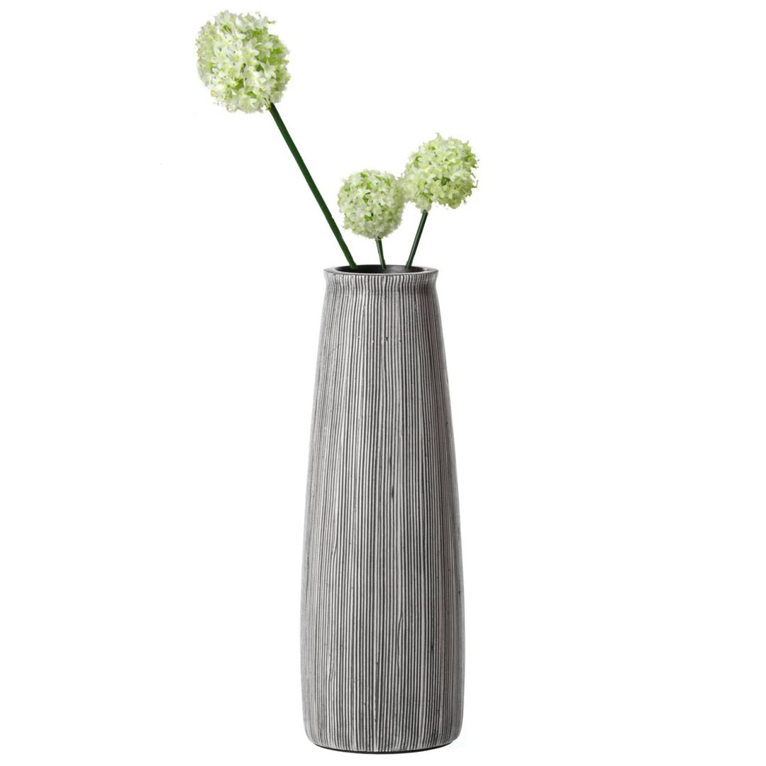 Grey Striped Round Decorative Flower Vase Polyresin 12in 9in Modern Centerpiece Image 1