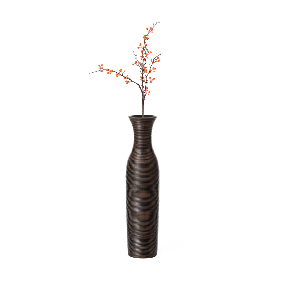 Tall Modern Ribbed Trumpet Design Brown Floor Vase 27.5in Polyresin Image 5