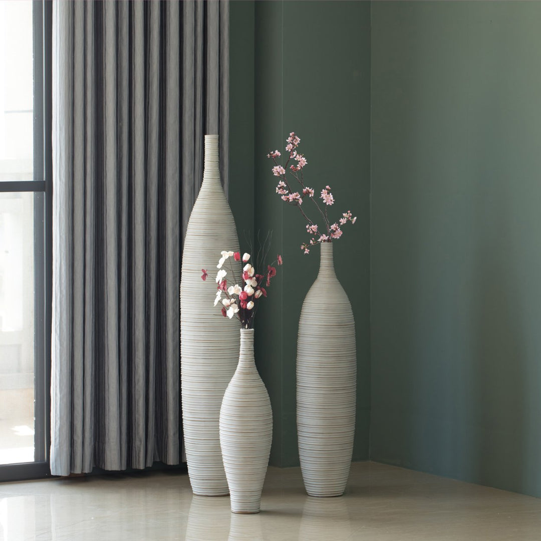 White Floor Vase, Ribbed Design, Modern Elegant Home Decoration, Tall Ceramic Vases, Contemporary Living Room Accent, Image 1