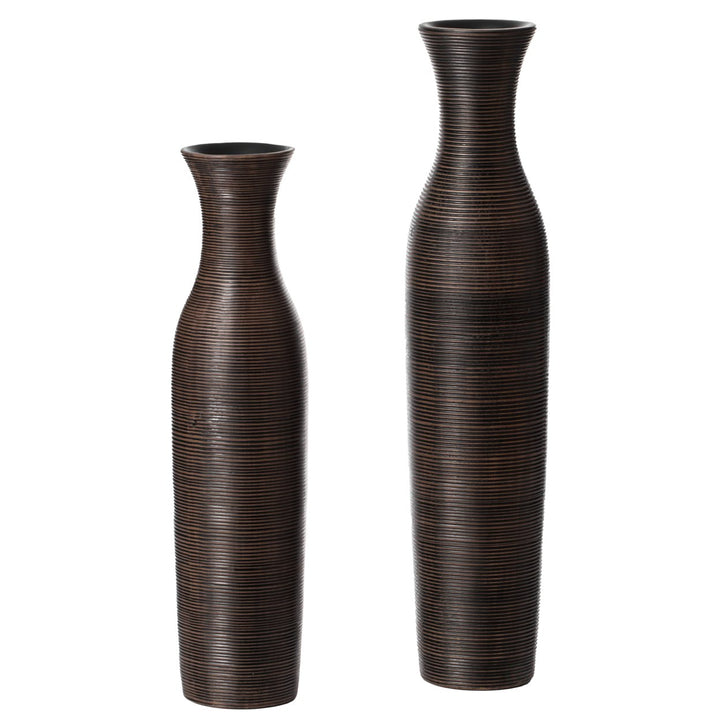 Tall Modern Ribbed Trumpet Design Brown Floor Vase 27.5in Polyresin Image 1