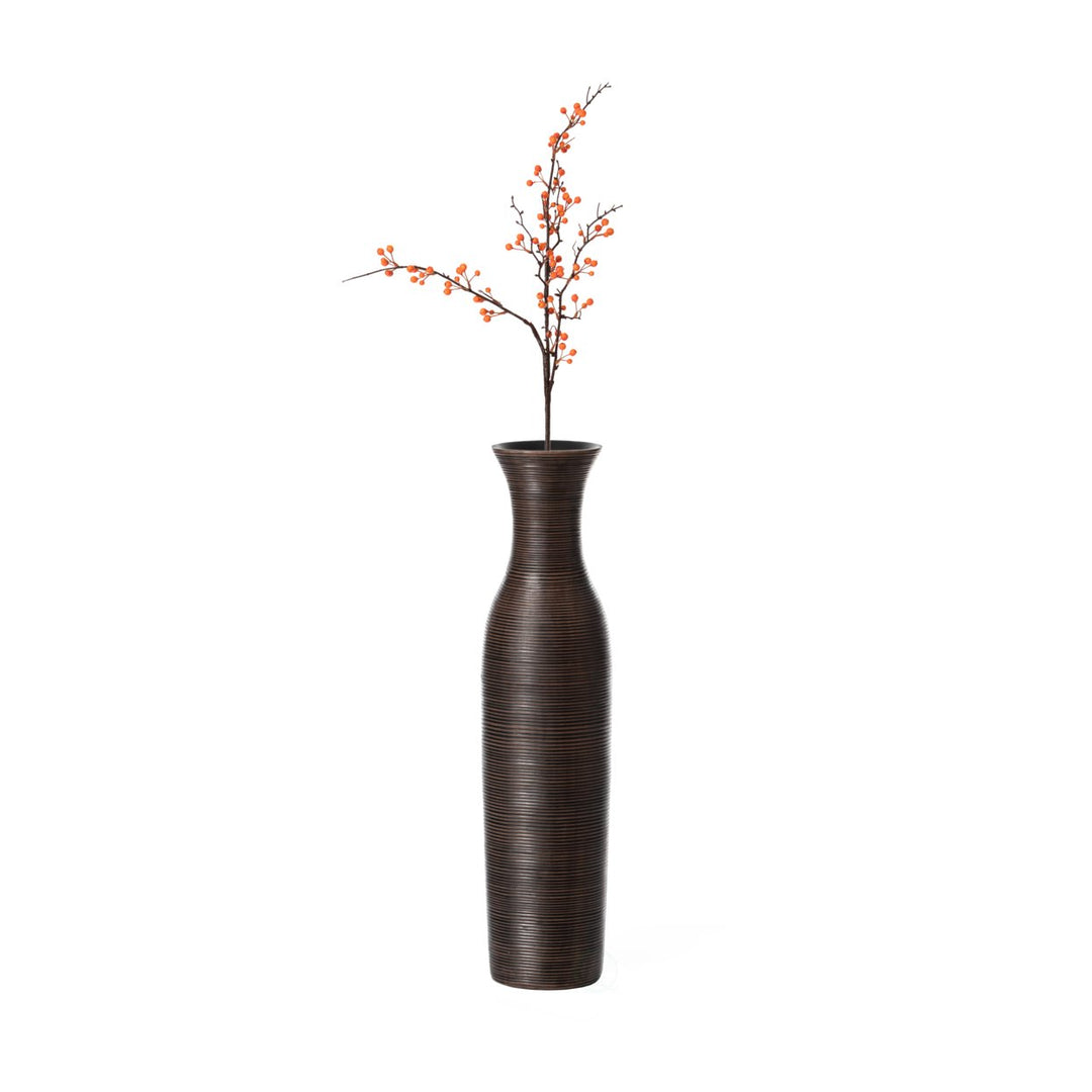 Tall Modern Ribbed Trumpet Design Brown Floor Vase 27.5in Polyresin Image 1