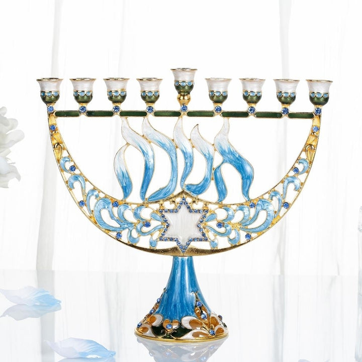 Matashi Hand Painted Enamel Menorah Candelabra w/ Star of David and Hebrew "Hanukkah" Design w/ Gold Accents and Image 5