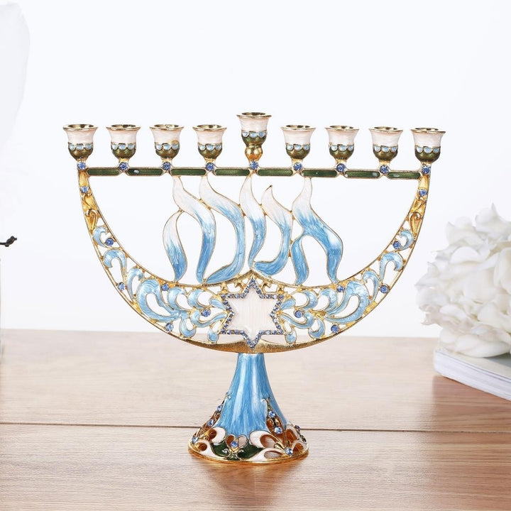 Matashi Hand Painted Enamel Menorah Candelabra w/ Star of David and Hebrew "Hanukkah" Design w/ Gold Accents and Image 6