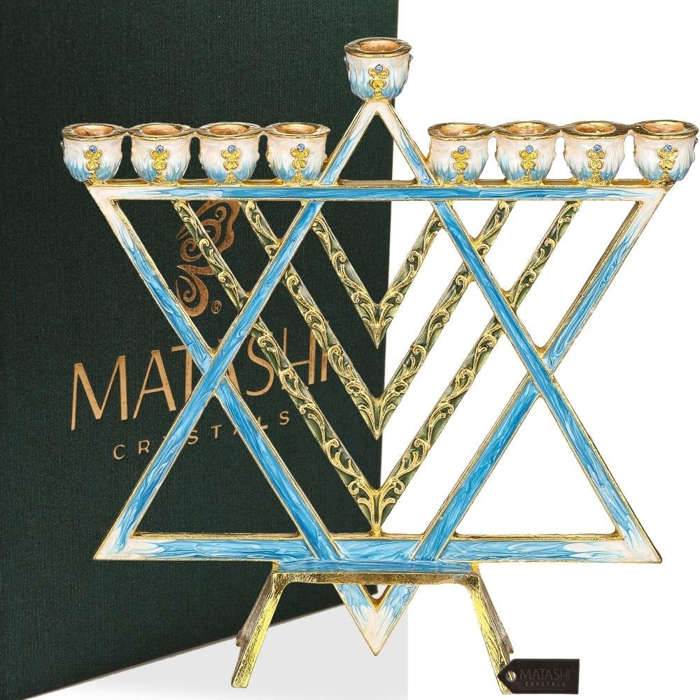 Matashi Hand Painted Blue Enamel Menorah Candelabra w/ Star of David Design w/ Gold Accents and Crystals Jewish Holiday Image 1