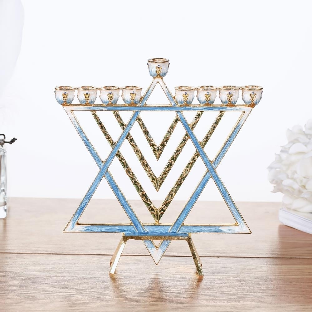 Matashi Hand Painted Blue Enamel Menorah Candelabra w/ Star of David Design w/ Gold Accents and Crystals Jewish Holiday Image 6