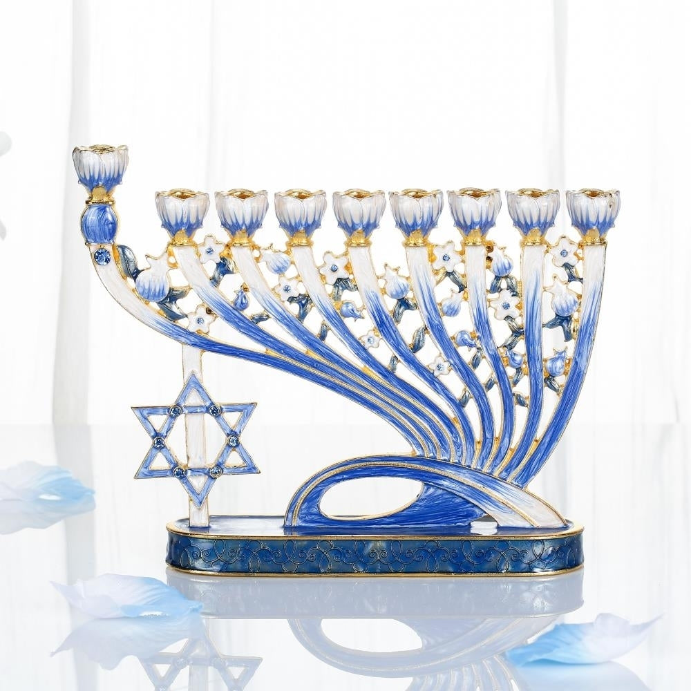 Matashi Hand Painted Blue Enamel Menorah Candelabra w/ Modern Flow and Star of David Design w/ Gold Accents and Crystals Image 5