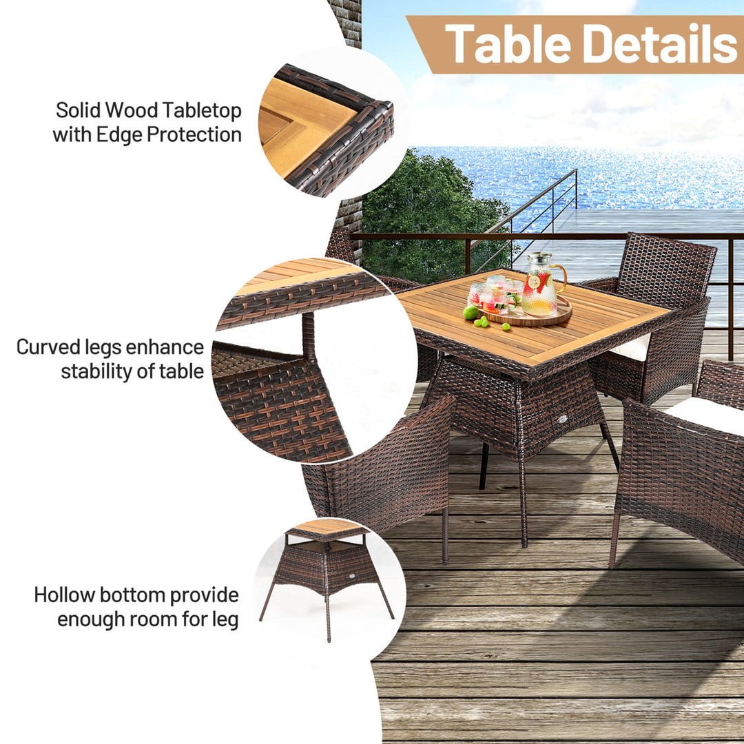 5PCS Patio Rattan Dining Furniture Set Arm Chair Wooden Table Top Image 8