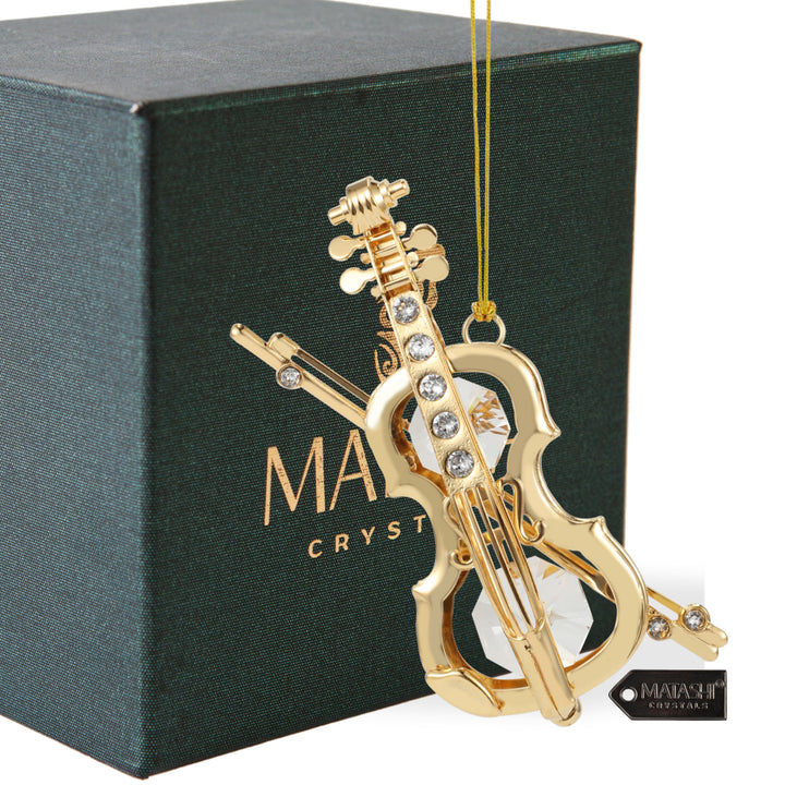 Matashi 24K Gold Plated Crystal Studded Violin and Bow Ornament Holiday Decor Gift for Christmas Mothers Day Birthday Image 2