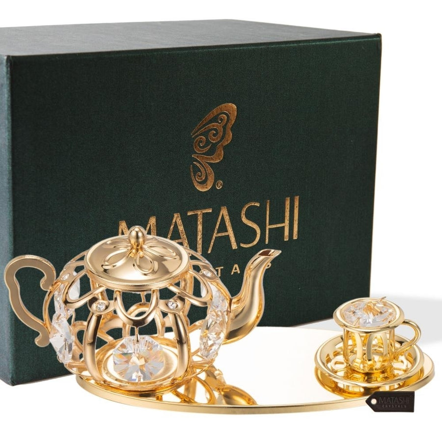 Matashi 24K Gold Plated Crystal Studded Gold Tea Set Ornament Gift for Christmas Mothers Day Birthday Anniversary Image 1