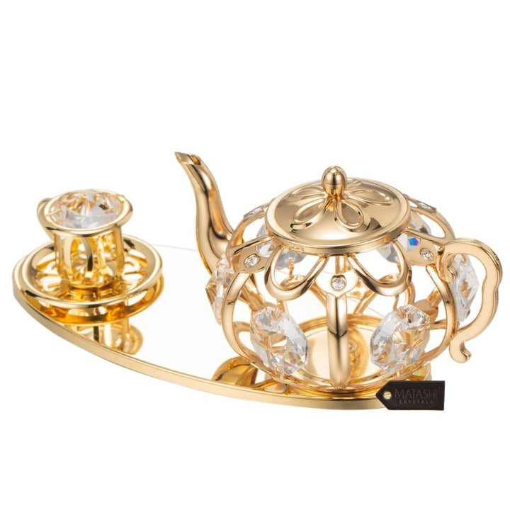 Matashi 24K Gold Plated Crystal Studded Gold Tea Set Ornament Gift for Christmas Mothers Day Birthday Anniversary Image 4