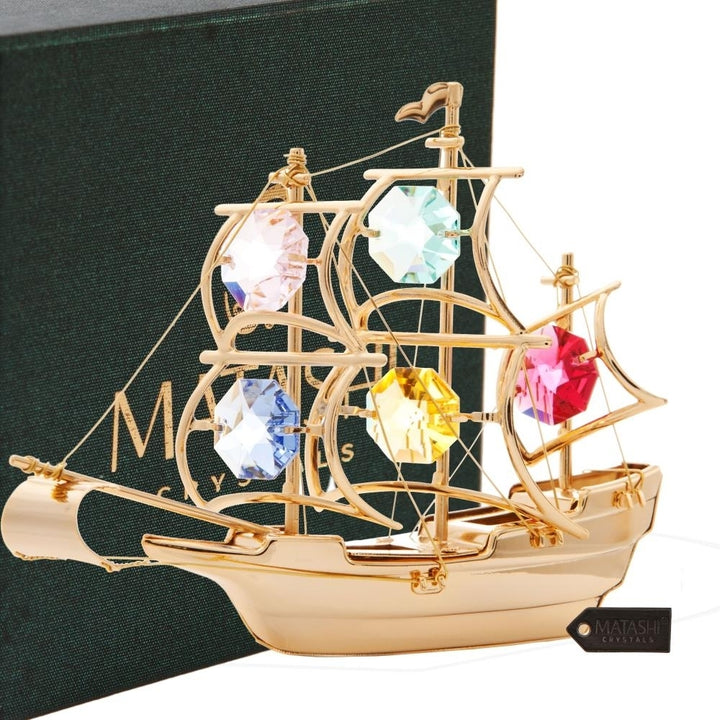 Matashi 24K Gold Plated Crystal Studded Mayflower Ship Ornament with Crystals Holiday Decor Gift for Christmas Mothers Image 1