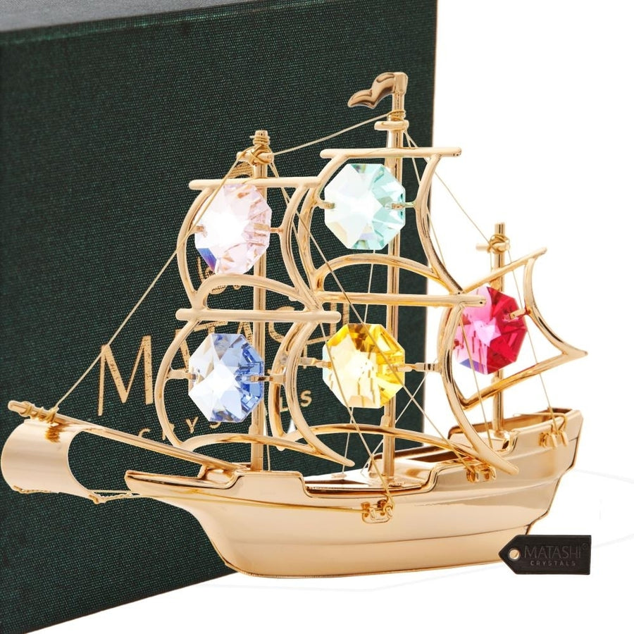 Matashi 24K Gold Plated Crystal Studded Mayflower Ship Ornament with Crystals Holiday Decor Gift for Christmas Mothers Image 1