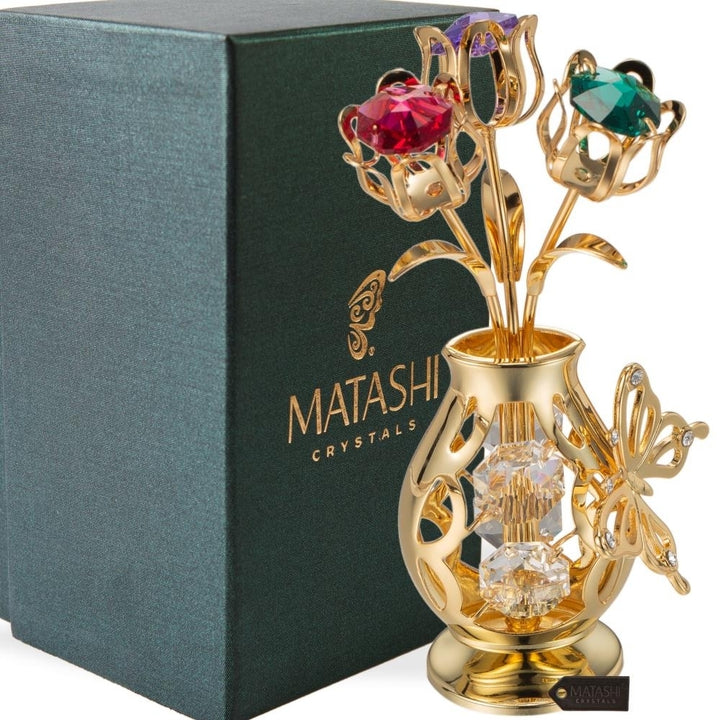 Matashi 24k Gold Plated Flowers Bouquet and Vase w/ Crystals and Butterfly Figurine Tabletop Showpiece Gift for Image 1