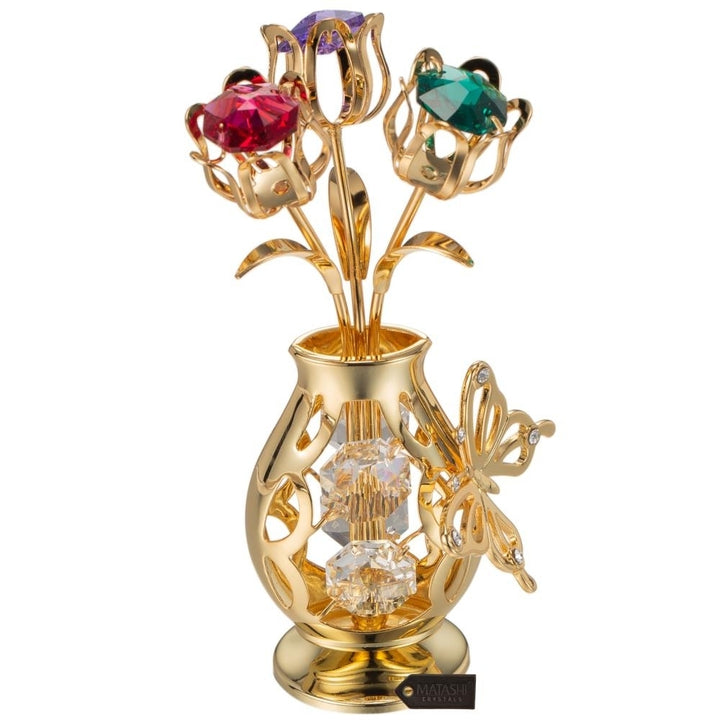 Matashi 24k Gold Plated Flowers Bouquet and Vase w/ Crystals and Butterfly Figurine Tabletop Showpiece Gift for Image 2