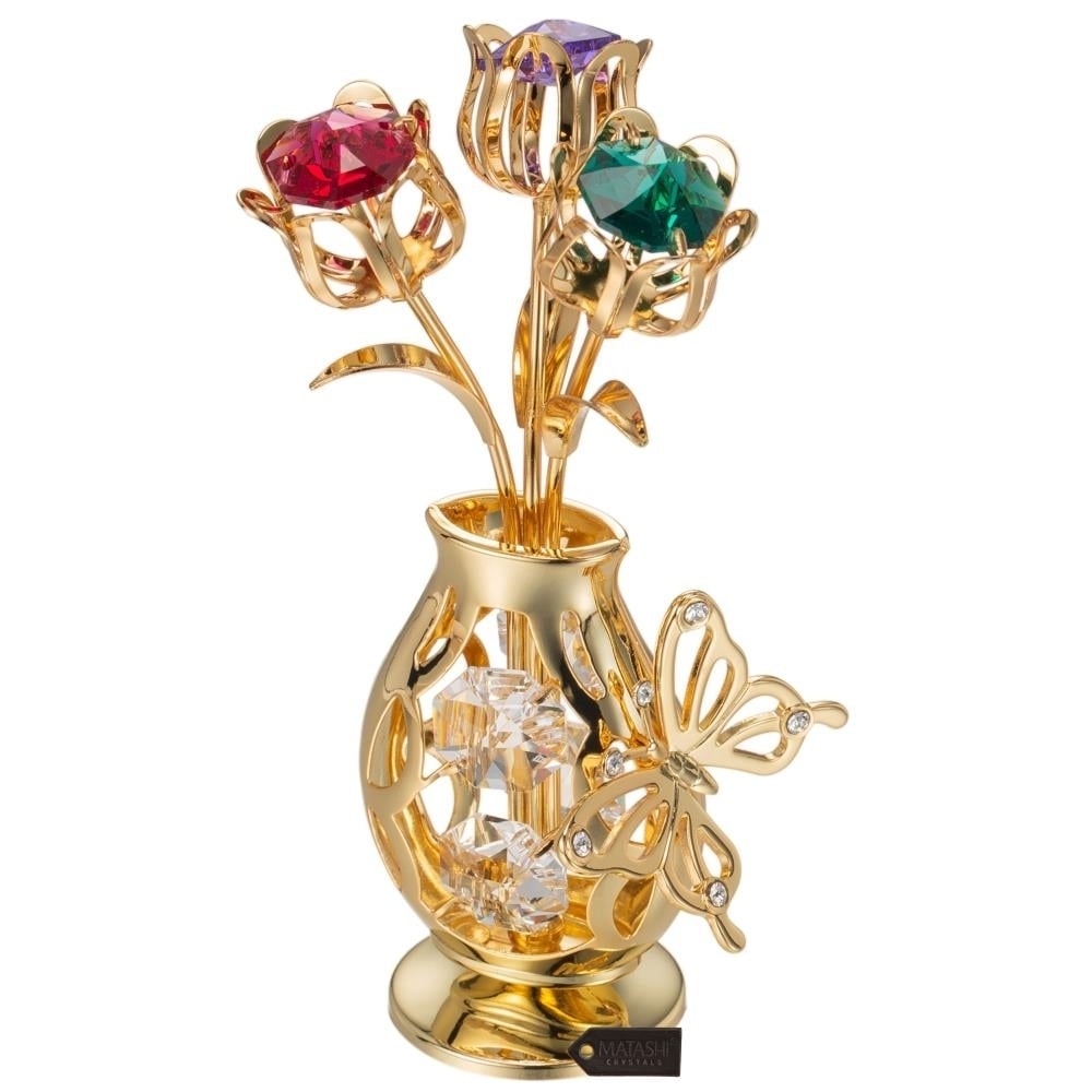 Matashi 24k Gold Plated Flowers Bouquet and Vase w/ Crystals and Butterfly Figurine Tabletop Showpiece Gift for Image 3