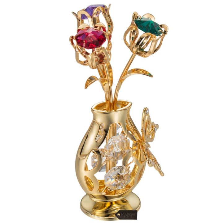 Matashi 24k Gold Plated Flowers Bouquet and Vase w/ Crystals and Butterfly Figurine Tabletop Showpiece Gift for Image 4