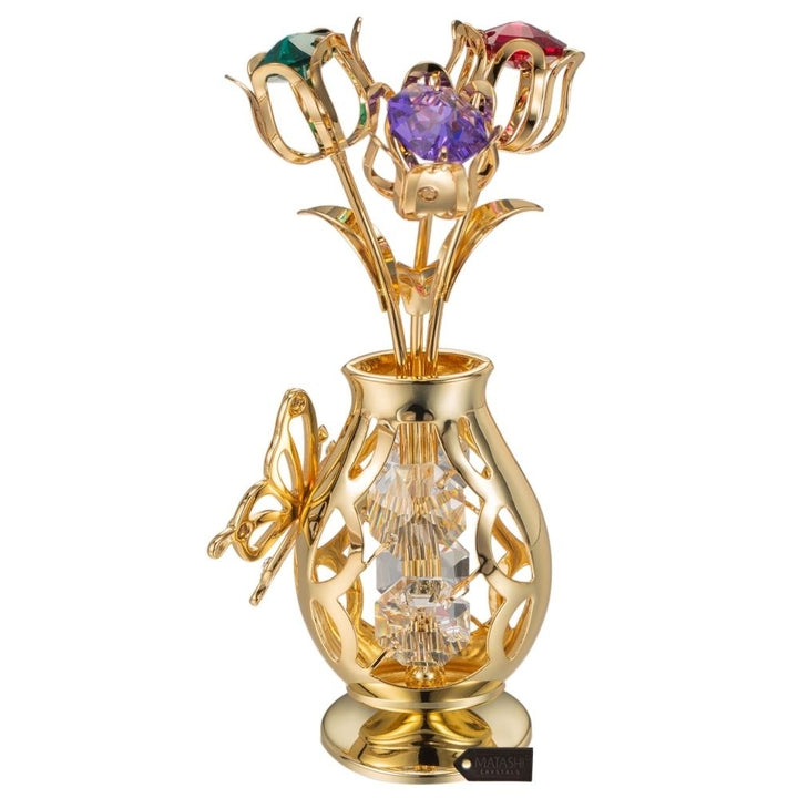 Matashi 24k Gold Plated Flowers Bouquet and Vase w/ Crystals and Butterfly Figurine Tabletop Showpiece Gift for Image 5