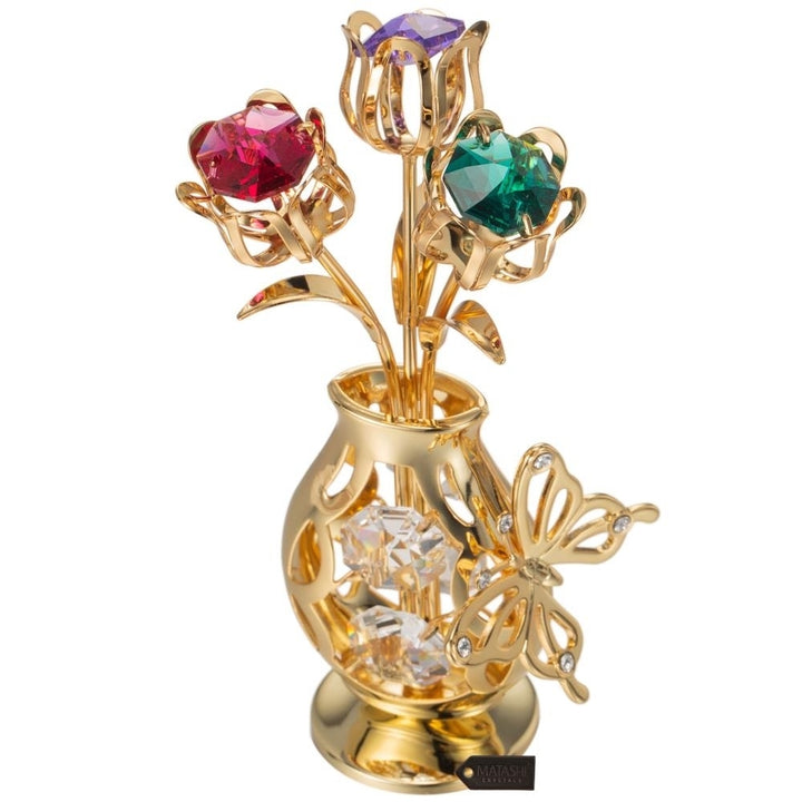 Matashi 24k Gold Plated Flowers Bouquet and Vase w/ Crystals and Butterfly Figurine Tabletop Showpiece Gift for Image 6