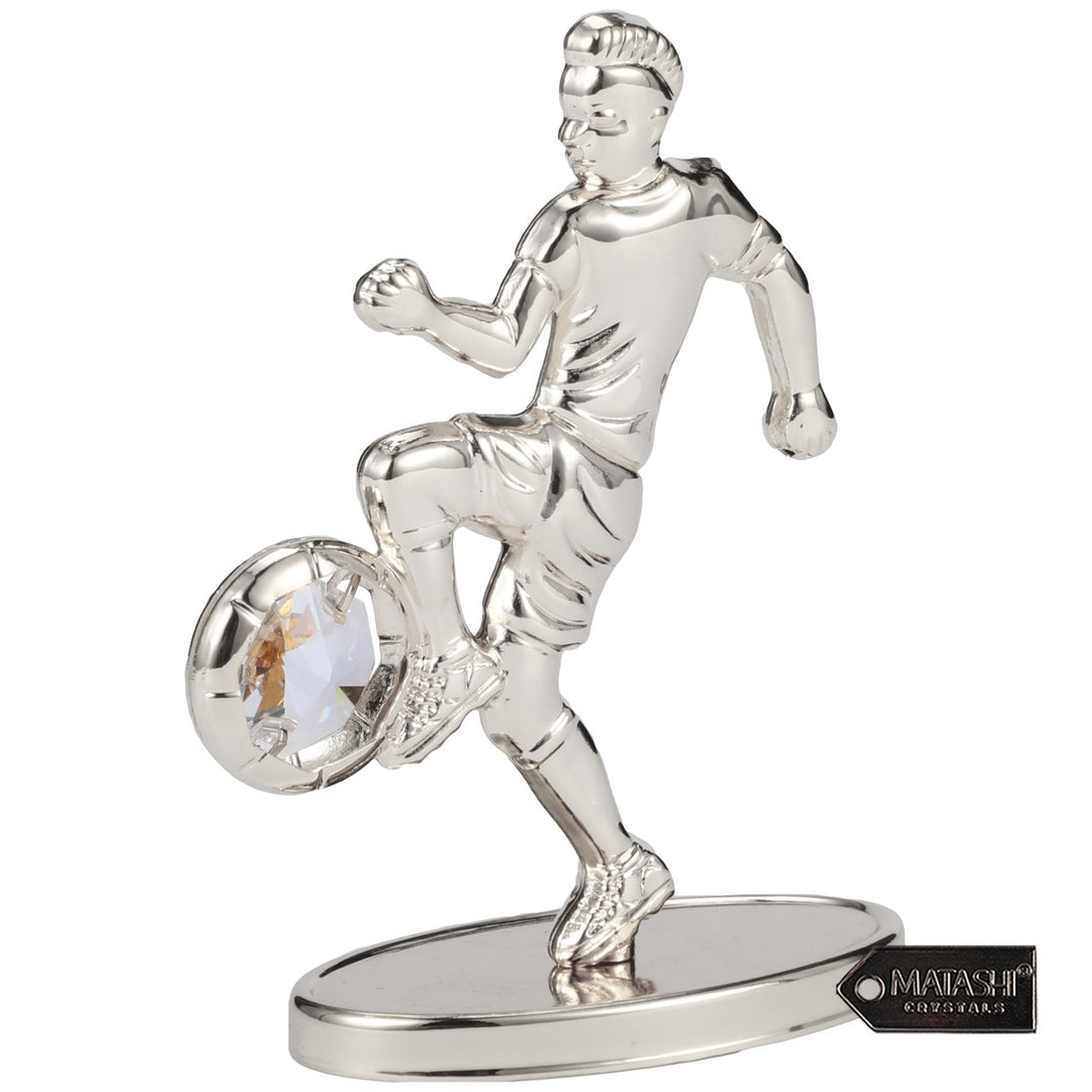 Matashi Silver Plated Soccer Football Player Figurine with Crystals Gift for Sports Fan, Desk Accessories, Trophy, Boss Image 4