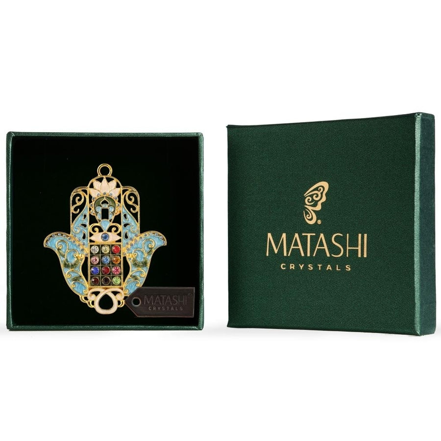 Matashi Hanging Hamsa Priestly Breastplate Ornament w/ Crystals (Pewter) Hamsa Decoration Gold-Plated Hanging Pendant Image 1