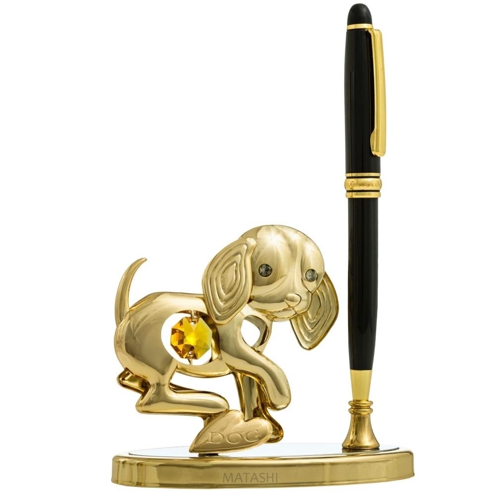 Matashi 24k Gold Plated Puppy Pen Set (Black Ballpoint) Table Top Ornament w/ Gold Crystal Metal Dog Figurine Home Image 2