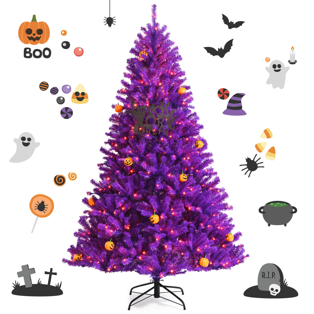 5/6/7 FT Pre-lit Purple Artificial Christmas Halloween Tree w/ Mini Pumpkins Image 1