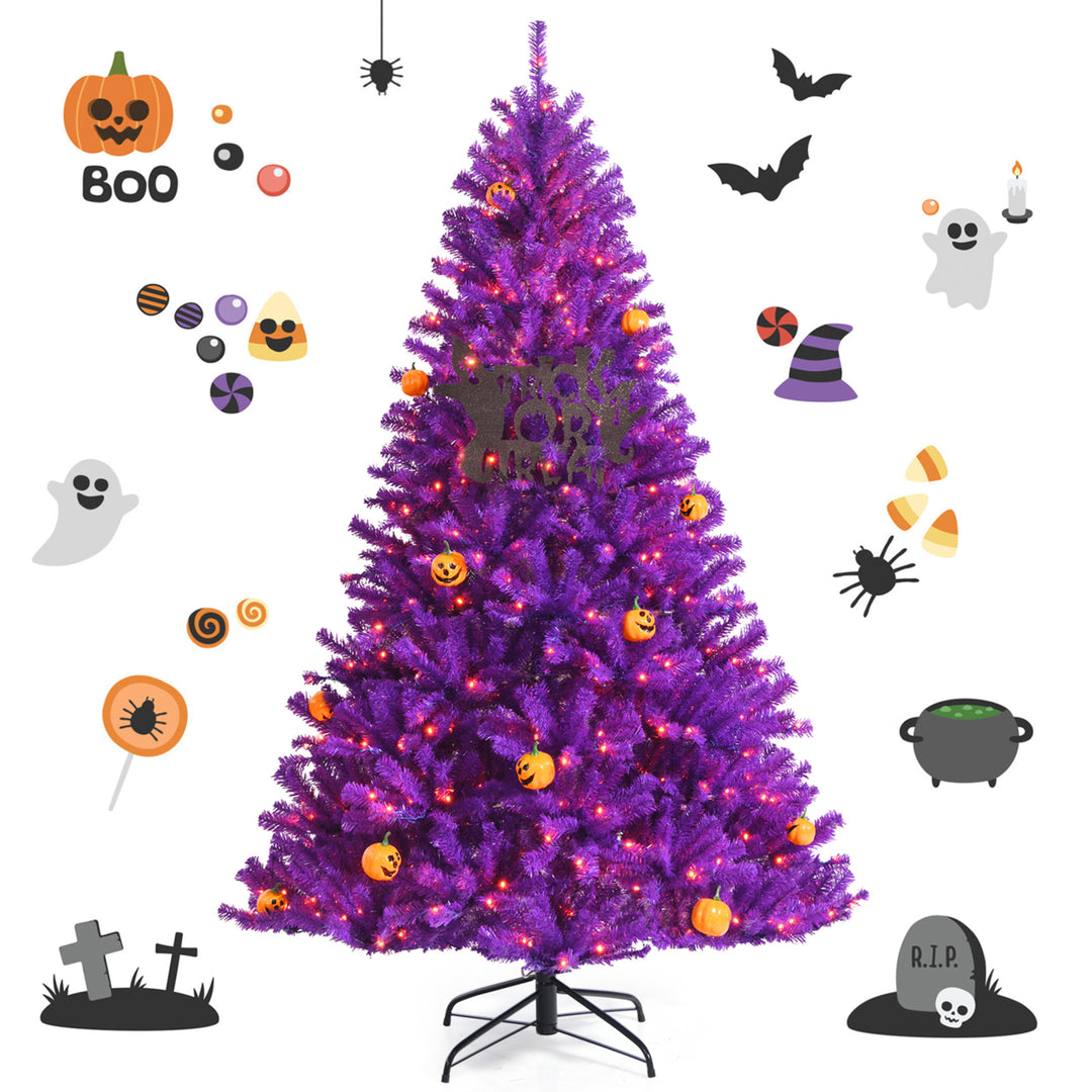 5/6/7 FT Pre-lit Purple Artificial Christmas Halloween Tree w/ Mini Pumpkins Image 2