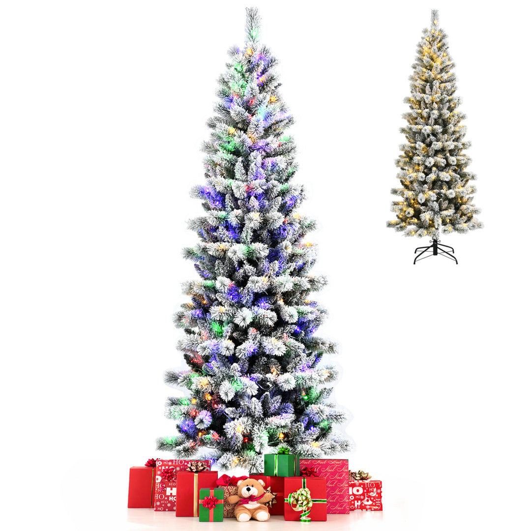 5/6/7.5/8 ft Pre-lit Snow Flocked Artificial Christmas Tree w/ Multi-Color LED Lights Image 4